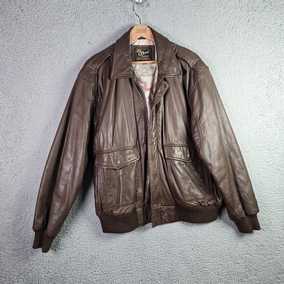 Reed Sportswear Men Leather Coat R46 XL Brown Bomber Map Lining Deep Pockets Y2K - Picture 1 of 16